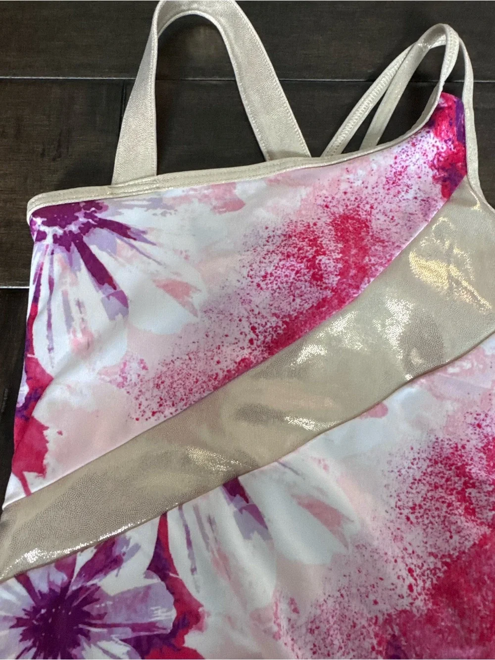 💜3/$15 Justice Girls Floral Foil Gymnastics Leotard Pink Purple Gold XS(5/6)